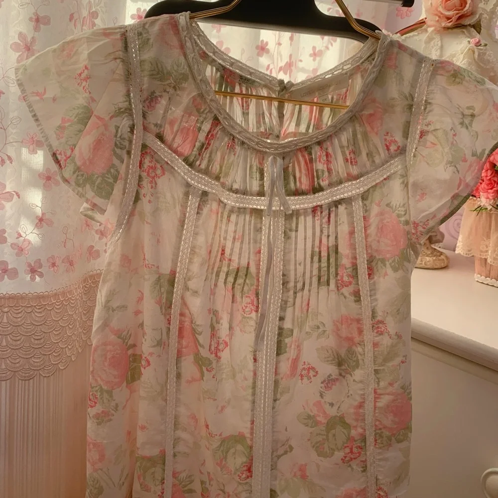 LoveShackFancy Girls Cream Dress with Pink Floral Print